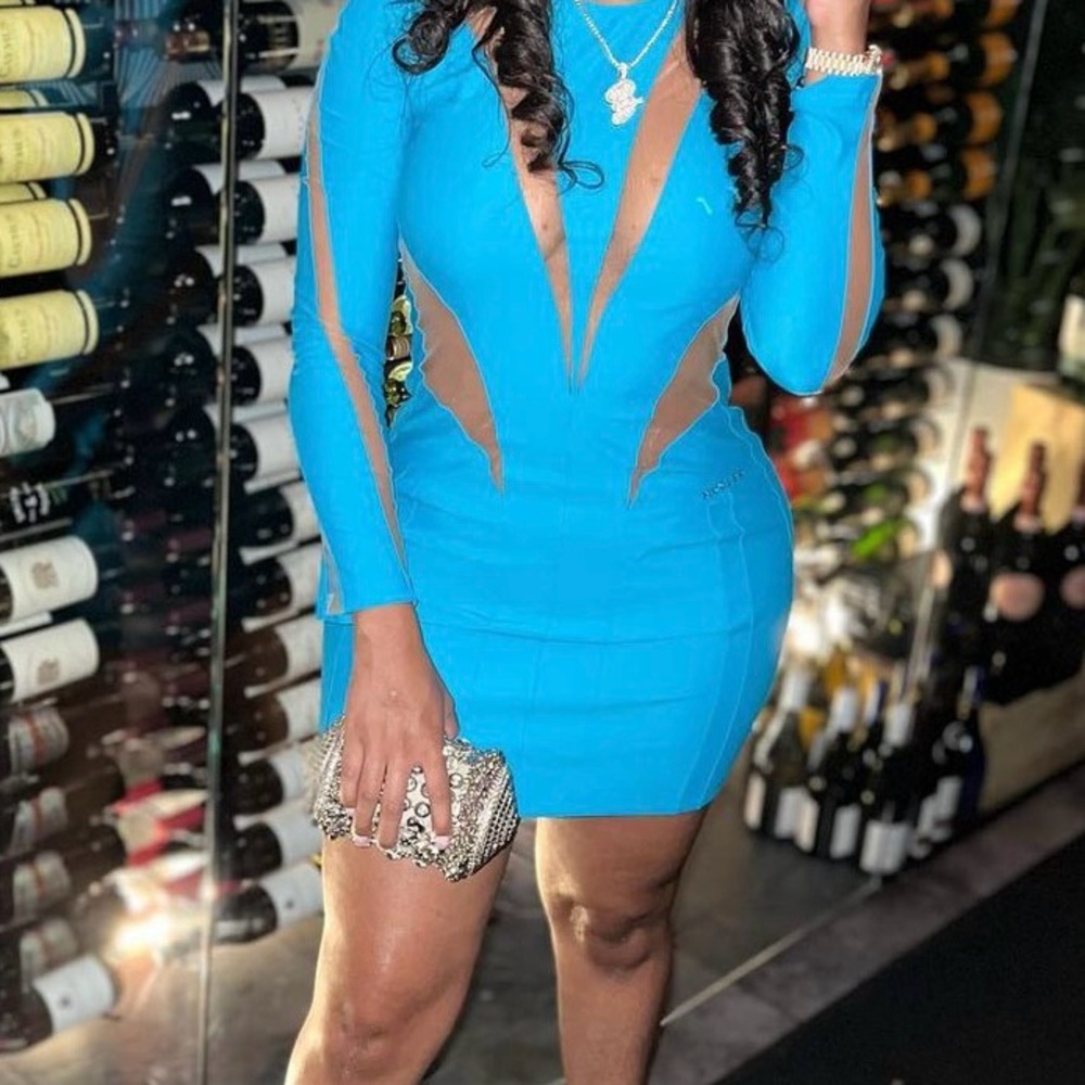 Blue tight fitting Mugler dress with custom fitted sleeves